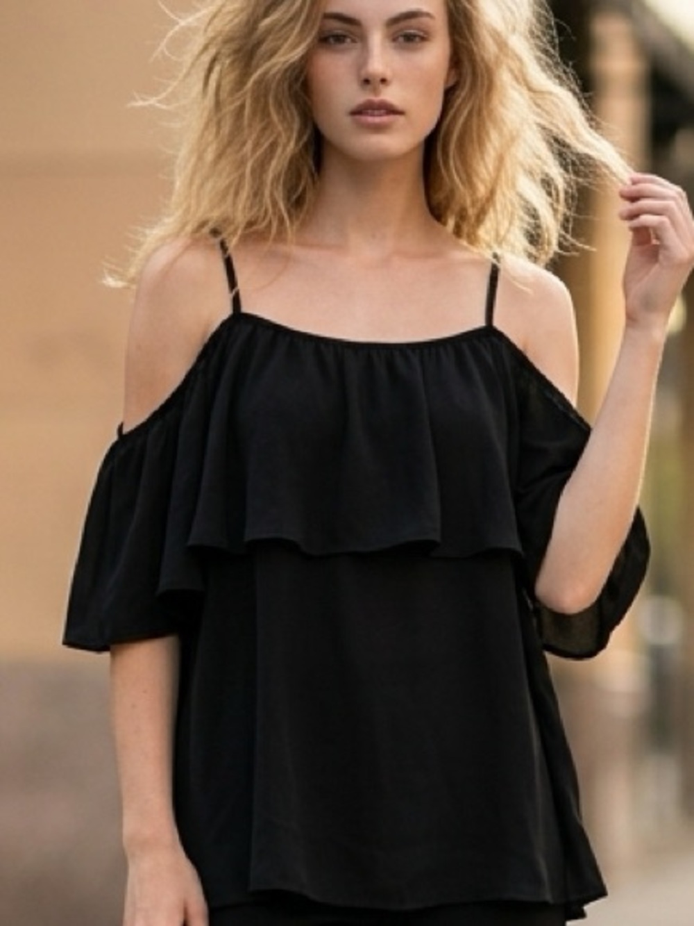 Cold-Shoulder Ruffle Blouse and Wide-Leg Pants Set - Black